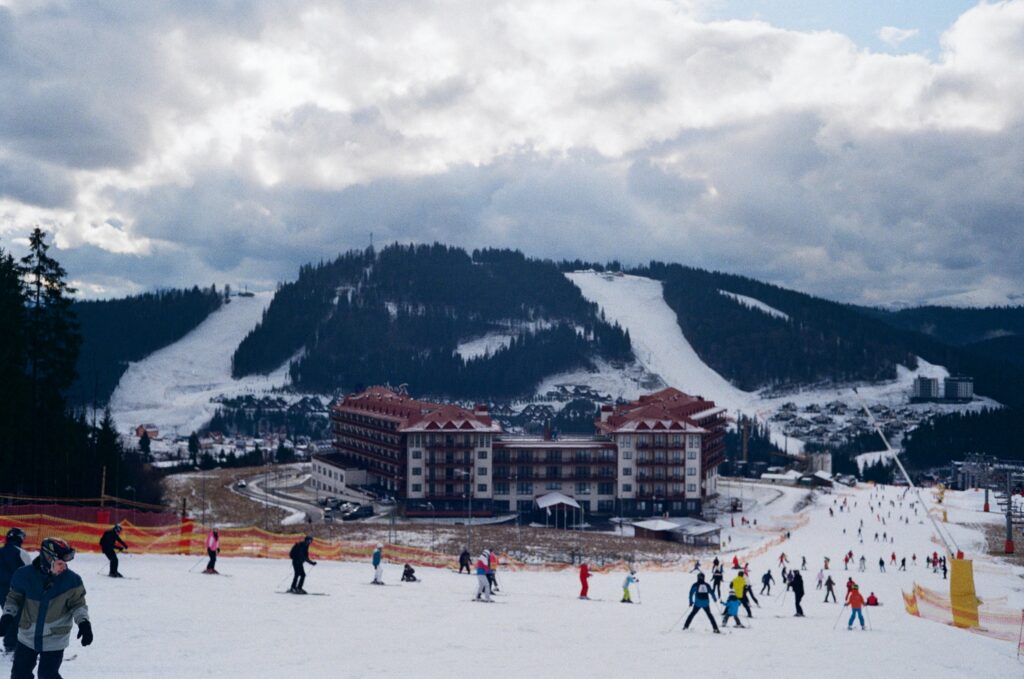 tourists skiing on a winter holiday